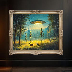 Alien UFO Forest Encounter Wall Art Poster, Mystical Extraterrestrial Landscape Print, Sci Fi Fantasy Alien Art Decor