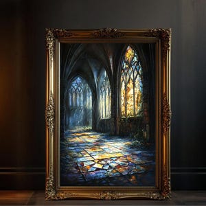 Gothic Cathedral Art, Arched Windows Decor, Stained Glass Wall Art, Mystical Church Painting, Fantasy Gothic Architecture Print