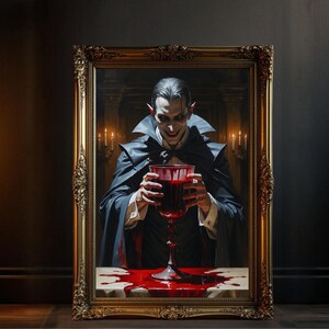 Gothic Vampire Wall Art, Dark Fantasy Horror Art, Vampire Holding Glass Poster, Creepy Gothic Decor, Spooky Halloween Decoration