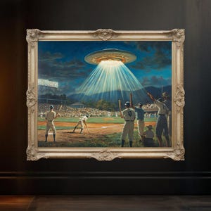 UFO Baseball Game Art, Alien Invasion Wall Art, Cool Sports Poster, Unique Baseball Art Print, Vintage UFO Illustration Decor, Quirky