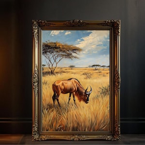 African Savanna Wildlife Art, Wildebeest Landscape Painting, Nature Wall Decor, Safari Scene Artwork, Animal Home Decorations