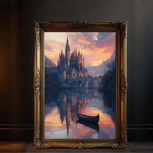 Enchanted Castle Sunset ,Dark Academia Art Printable, Mystical Castle Wall Art, Dreamy Landscape Print, Fantasy Castle Home Decor