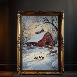 Winter Barn Scene, Farmhouse Wall Art, Rustic Country Decor, Snowy Landscape Painting, Red Barn Print, Holiday Wall Art, Winter Decor