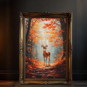 Autumn Forest Deer Wall Art, Nature Inspired Canvas Print, Rustic Wildlife Decor, Scenic Fall Foliage Poster, Stunning Deer Artwork