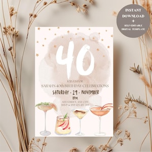 May include: A digital printable invitation for a 40th birthday party. The invitation features a watercolour background with gold stars and the number 40 in white. The text reads "Join us for Sarah's 40th Birthday Celebrations, Saturday 29 November 8PM, Any Street, Any City, RSVP Amy 123 457 789".