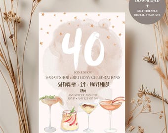 May include: A digital printable invitation for a 40th birthday party. The invitation features a watercolor background with gold stars and the number 40 in white. The text reads "Join us for Sarah's 40th Birthday Celebrations, Saturday 29 November 8PM, Any Street, Any City, RSVP Amy 123 457 789".