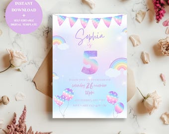 Girls Rainbow Fifth Birthday Editable Invitation, 5x7 inch, Pastel Rainbow 5th Birthday Digital Template, Instant Digital Download