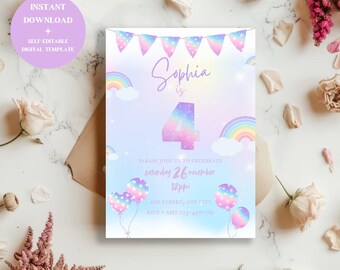 女の子のレインボー 4 歳の誕生日の編集可能な招待状、5 x 7 インチ、パステル レインボー 4 歳の誕生日のデジタル テンプレート、即時デジタル ダウンロード