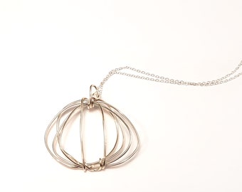 Handmade Silver Pumpkin Necklace - Handmade Oval abstract Silver Pumpkin Pendant - long necklace 10619e