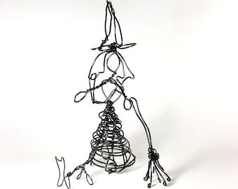 Black wire Witch with Broom and black cat - original handmade wire sculpture - black halloween decor - 72218E - 3 piece set