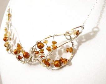 OOAK Silver Autumn necklace- Fall Leaves Sterling Silver Necklace w/ Citrine & Golden Pearls