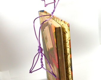 Lavendar Reading Mermaid - bookshelf mermaid , wire sculpture sits on shelf reading a book - pink purple