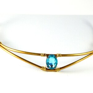 swirl and pointy tiara for costume /& abstract statement necklace Golden Brass half Crown with Bright Blue Sparkle Stone