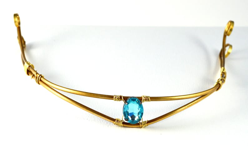 swirl and pointy tiara for costume /& abstract statement necklace Golden Brass half Crown with Bright Blue Sparkle Stone