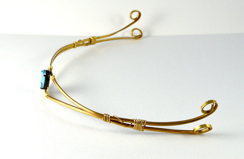 swirl and pointy tiara for costume /& abstract statement necklace Golden Brass half Crown with Bright Blue Sparkle Stone