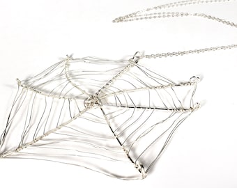 Handmade Sterling Silver Spider Web Necklace - Handmade Silver Spider web Pendant - oversized long necklace 10623