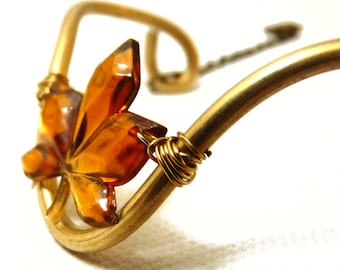 Autumn Leaf Brass Cuff / Bracelet with orange leaf