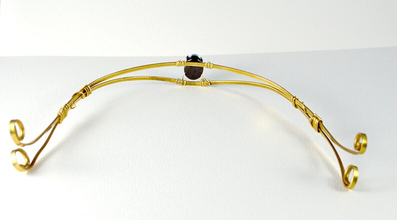 swirl and pointy tiara for costume /& abstract statement necklace Golden Brass half Crown with Bright Blue Sparkle Stone