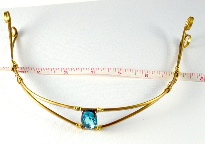 swirl and pointy tiara for costume /& abstract statement necklace Golden Brass half Crown with Bright Blue Sparkle Stone