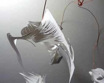 Wobble - White Cut Paper & Copper art mobile - hanging sculpture