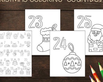 May include: Black and white printable Christmas coloring pages featuring a stocking, a Christmas ornament, and Santa Claus in a chimney. The pages are numbered 23, 24, and 25. The text "Christmas Coloring Countdown" is at the top of the image. The text "Pdfs in US Letter, A5, A4, A3" is at the bottom of the image.