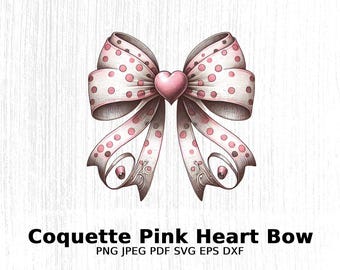Pink Polka Dot Bow Heart Digital Download Wall Art, Printable Pink Bow Illustration, Cute Heart Bow Print For Nursery, Kids Room Decor