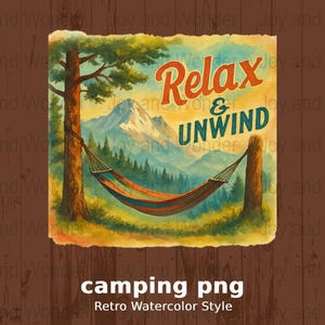 Camping png, ontspannen en tot rust komen digitale kunst, berg illustratie, afdrukbare muurkunst, vakantie landschap print, schilderachtige download, hangmat
