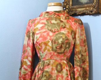 Vintage 1960s Pink Green Floral Dress: Cowl Neck Mod Style