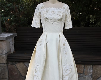 Vintage 1960s Silk Bianchi Wedding Gown: Lace, Faux Pearl & Sequins