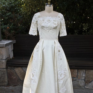 Off White and Cream Colored Lace and Faux Pearl Detailed Silk Bianchi Wedding Gown, Circa 1960s, Silk Bianchi 60s Wedding Gown with Train