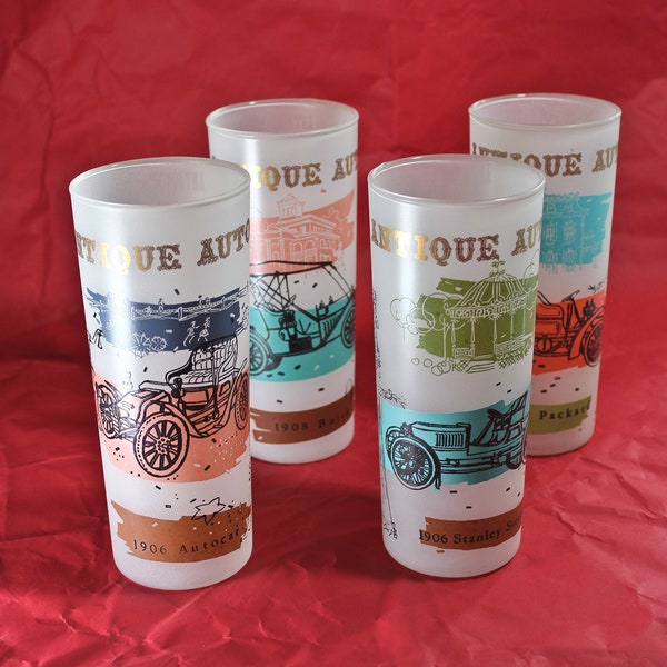 Vintage Anchor Hocking Set of Four or Single Antique Auto Tom Collins Glasses, Circa 1950s, Fifties Era Car Themed Cocktail Glasses