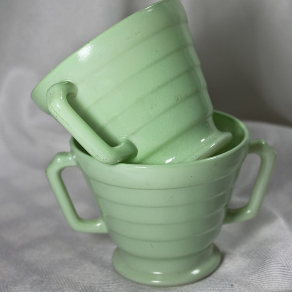 Hazel Atlas Green Sugar Bowls with Double Handles, Circa 1950s, Fifties Era Hazel Atlas Glass Sugar Bowls in Mint Green