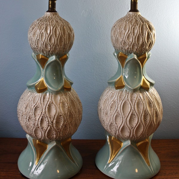 Blue Gold and White Boudoir Lamps, Circa 1950s, Gold and Blue 50s Accent Lamps, 50s Gold Blue and White Lamps