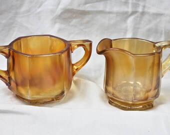 Vintage Indiana Orange Iridescent Carnival Glass Cream and Sugar Set