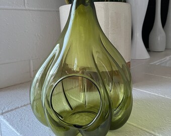 Green Glass Gourd Terrarium, Circa 1950s-60s, Mid Century Green Glass Gourd Candle Holder or Terrarium