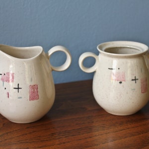 Vernonware Kilns Tickled Pink Cream and Sugar Set, Circa 1950s, Fifties Era Vernonware Tickled Pink Creamer and Sugar Bowl
