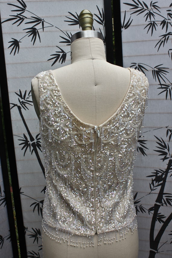 Cream Colored Iridescent Sequin and Beaded Wool T… - image 4