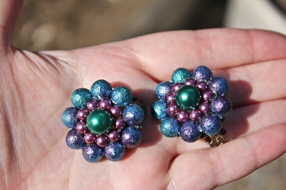 Large Purple Blue Green and Pink Clip On Earrings… - image 3
