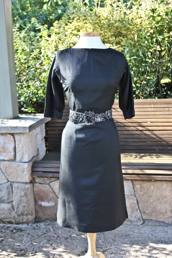 Sixties Era Black Raw Silk Belted Fanya Dress, c1… - image 2