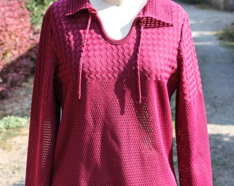 Maroon Tied String Knitwear Top, Circa 1970s, Seventies Era Maroon Collared Knit Top