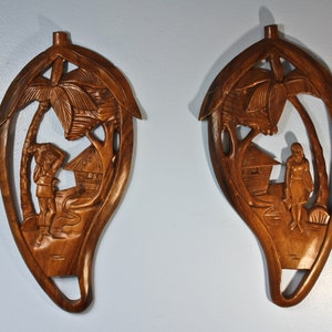 MCM Monkey Pod Wood Reliefs, Circa 1950s, Filipino Monkey Pod Wood Art, Hand-Carved Monkey Pod Art, Pacific Islander Art