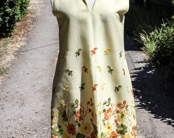 Yellow Cotton Handmade and Hand Embroidered Shift Dress, Circa 1960s, Sixties Era Yellow Cotton Floral Embroidered Shift Dress