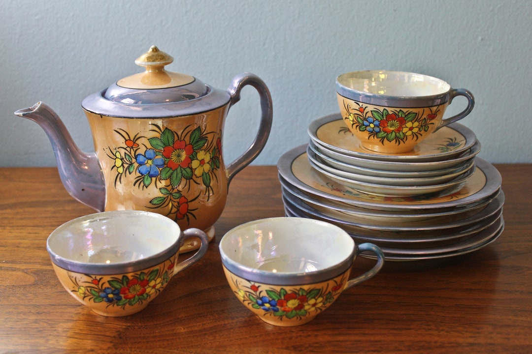 Vintage Japanese Lusterware Tea Set: Hand-painted Floral Porcelain