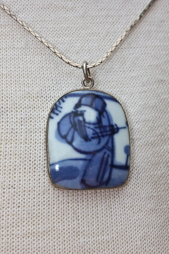 White and Blue Chinese Pottery Pendant On a Sterli