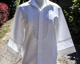 Beau Tiki White and White Lace Button Down Shirt, Circa 1970s, Seventies Era White Beachy Lace Detailed Pacific Islander Shirt