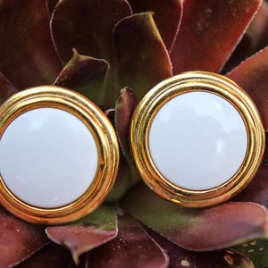 Vintage Gold Tone and White Detailed Liz Claiborne Clip On Earrings, Circa 1980s, Eighties Era Liz Claiborne Clip On Earrings