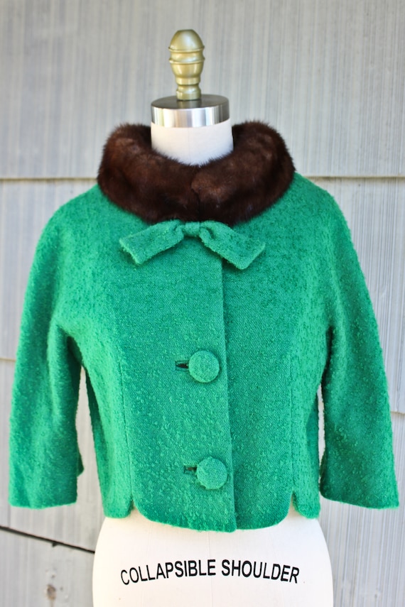 Vintage Green Lilli Ann 3/4 Length Fifties Mink Colla… - Gem