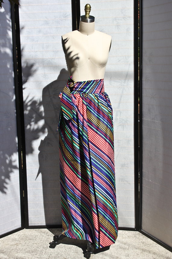 1970s Polyester Wrap Maxi Skirt: Multi-Pattern Co… - image 2