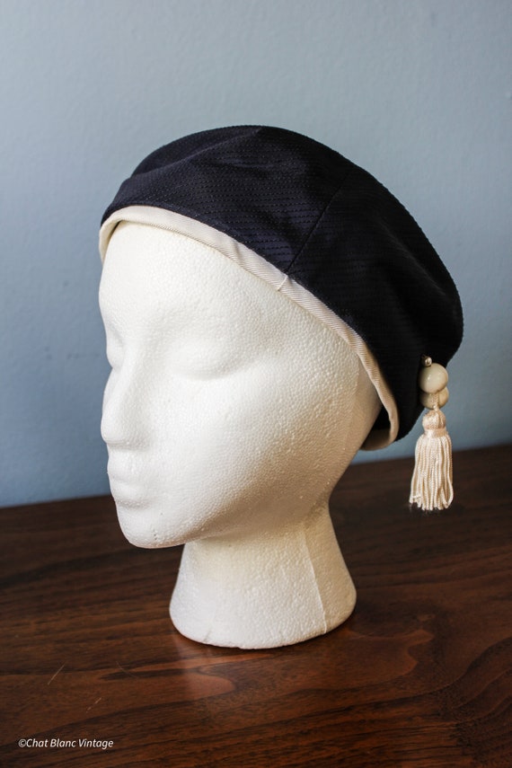 Jan Leslie Fez Style Navy Hat with a White Tassel… - image 2