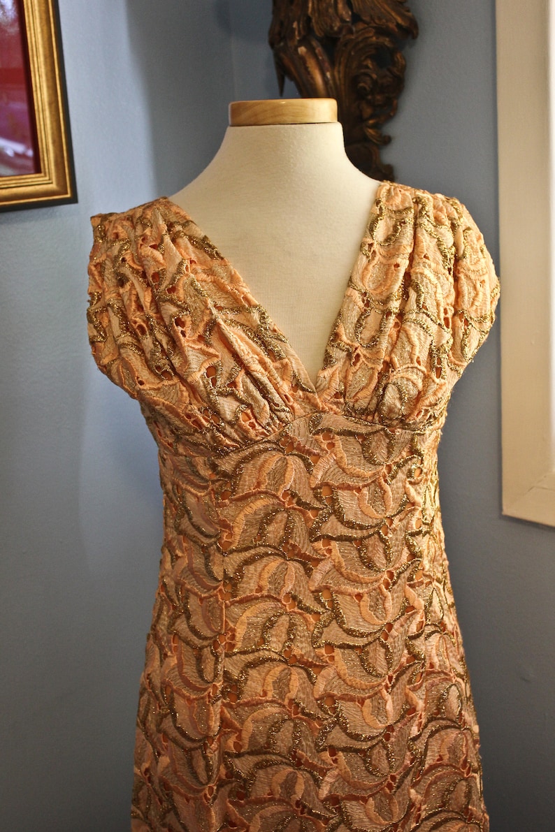 Metallic Gold and Orange Silk Eyelet Style Sleevless Wiggle Dress, Circa 1960s-70s, Orange and Gold Wiggle Dress, 70s Era Wiggle Dress image 3